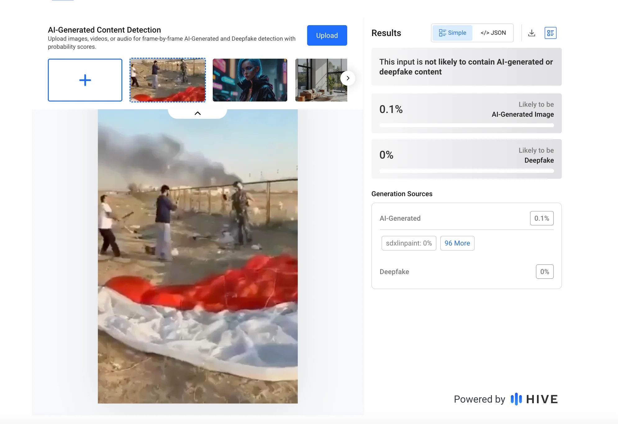 Hive Moderation sonuç ekranı