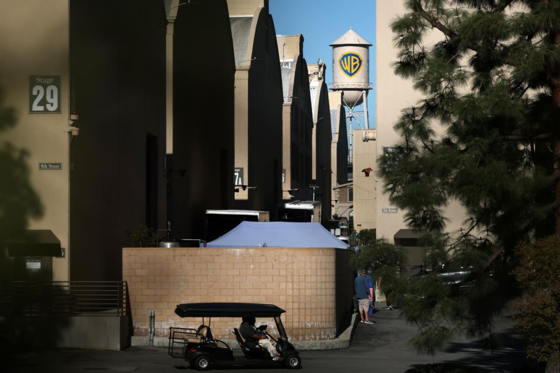 The WB water tower is seen at Warner Bros. Studios in Burbank, California on December 5, 2025 (AFP / Patrick T. Fallon)