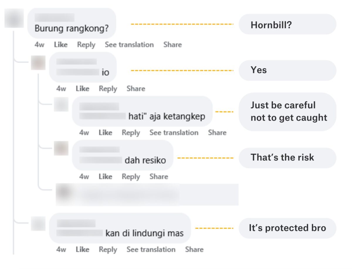 Screenshot of a Facebook conversation, translated from Bahasa Indonesia and posted in July 2025. Annotated by Bellingcat.