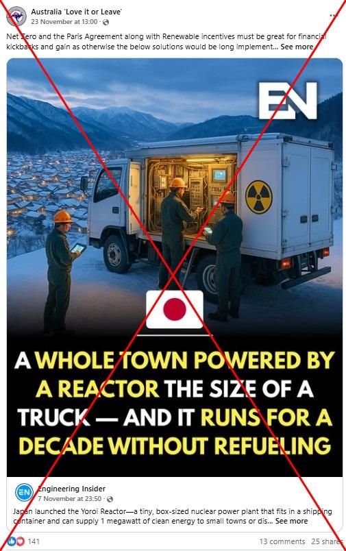 Screenshot of the false Facebook post taken on November 25, 2025, with a red X added by AFP