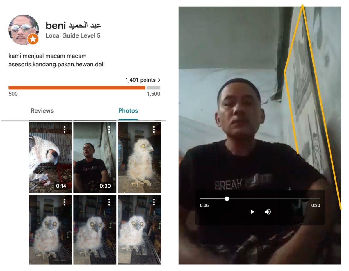 Screenshot of Beni’s Google review, including (right) a video of a man sitting beside a poster for Station Sato Exotic. Posted July 2021.