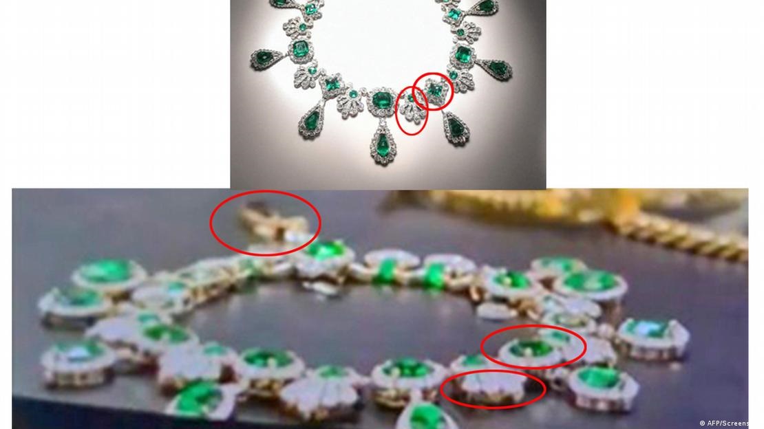 There are several differences between the fake necklace and the real one, as marked in this image
